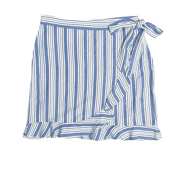 Loft Blue White Striped Faux Wrap Linen Skirt Ruffle Bow Tie Size 12 - Picture 1 of 12